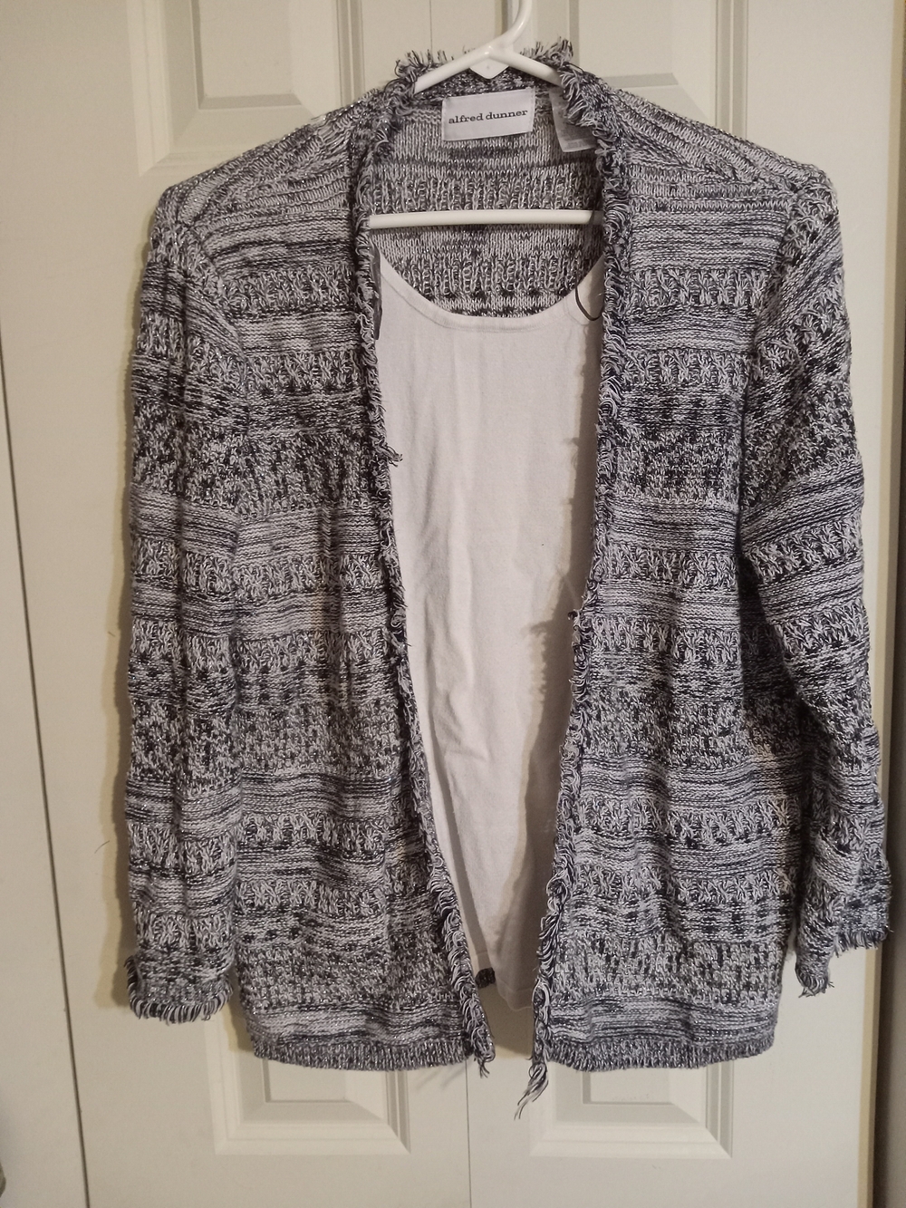 Alfred Dunner Black & White Open-Front Knit Cardigan